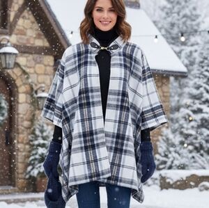 NWT Canada Weathergear O/S Old Money Cabincore Chic Plaid Fleece Flannel Poncho